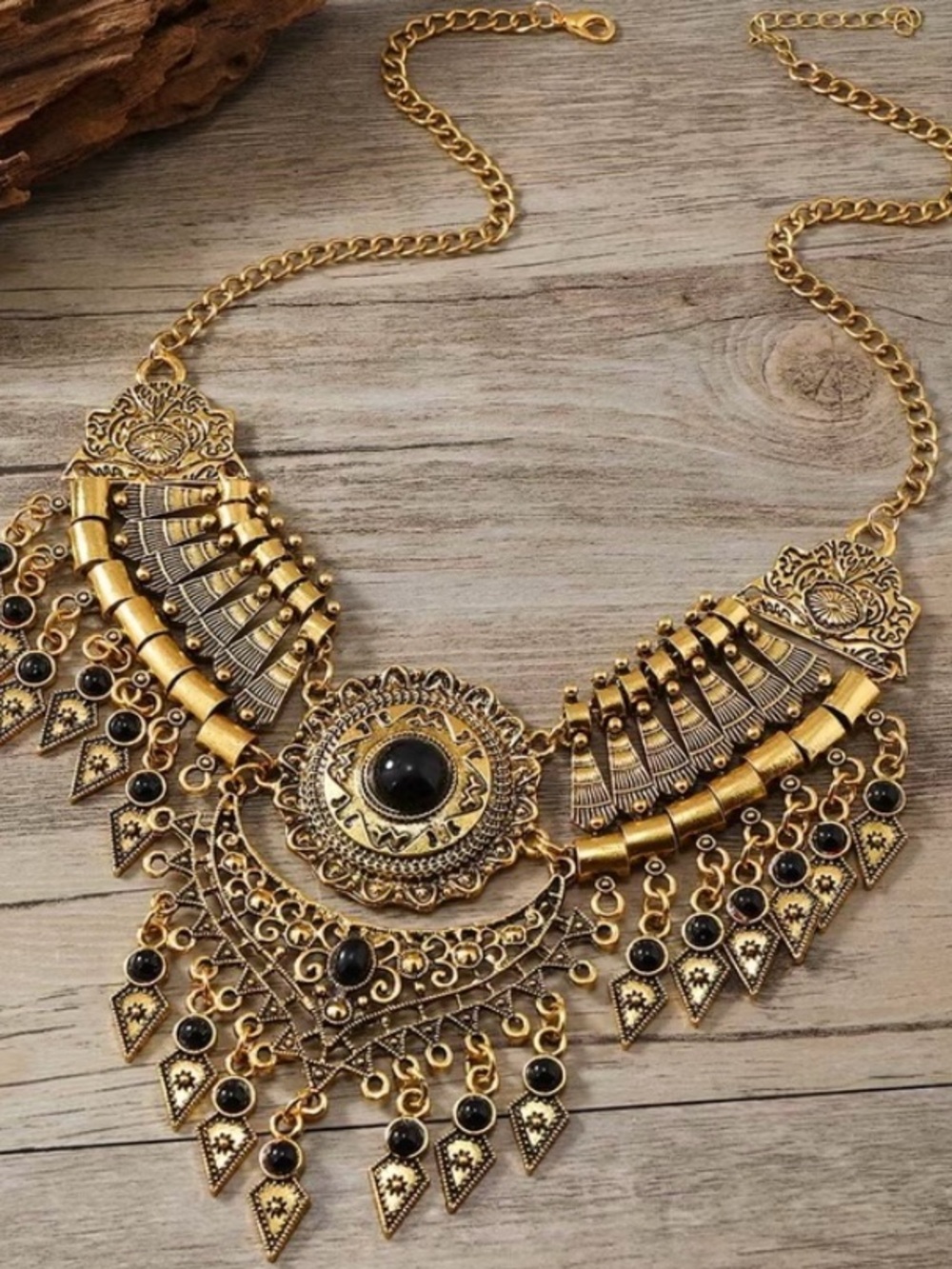 Gold Collarbone Statement Necklace with Black Stones Boho Women’s Jewelry NWT